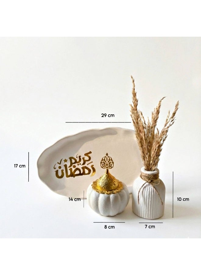 Handmade Ramadan table decoration set - a pompous vase, an incense burner with a metal lid, and a coaster with "Ramadan Kareem" written on it. - Image 2